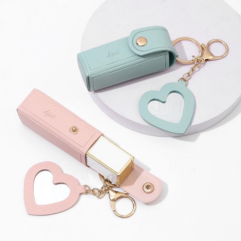 1pc Lipstick Bags Portable Keychain Solid Wallet Mini With Mirror Leather Protective Cover