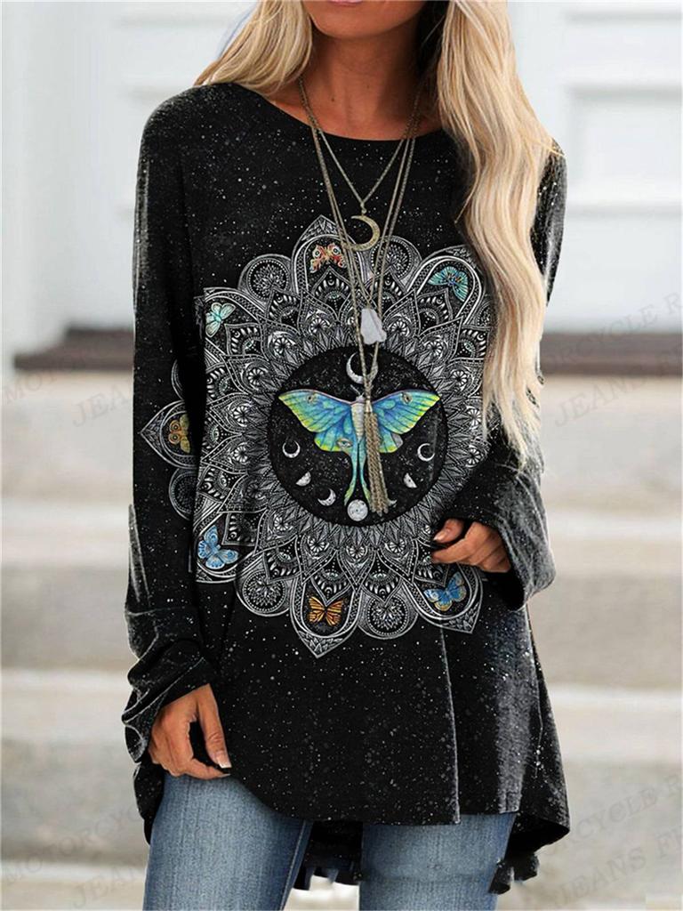 2023 Women's T-shirt Abstract Painting Print Tshirt Women Fashion T-shirt Plant Flowers T Shirt Long Sleeve Tops Tees Butterfly