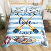 Комплект постельного белья в морском стиле King Queen Size Маяк Весло Рыболовная лодка Пододеяльник Мультфильм Синяя полоса Озеро Микрофибра Покрывало
