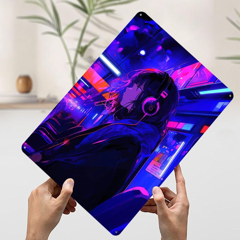 Anime Girl in Neon Train Printed Poster Customized Wall Art Retro Vintage Metal Tin Signs for Home Bathroom Decor House Items