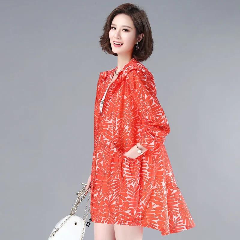 Тонкая солнцезащитная одежда женская куртка ветровка средней длины 4XL с капюшоном летний кардиган женский пальто