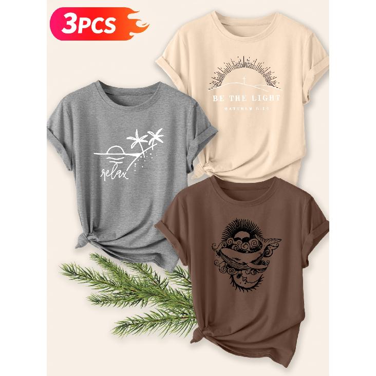 Three-piece set Elegant short-sleeved shirt for women Spiritual and Aesthetic Theme Printed Round Neck Women's T Shirt Suitable for spring