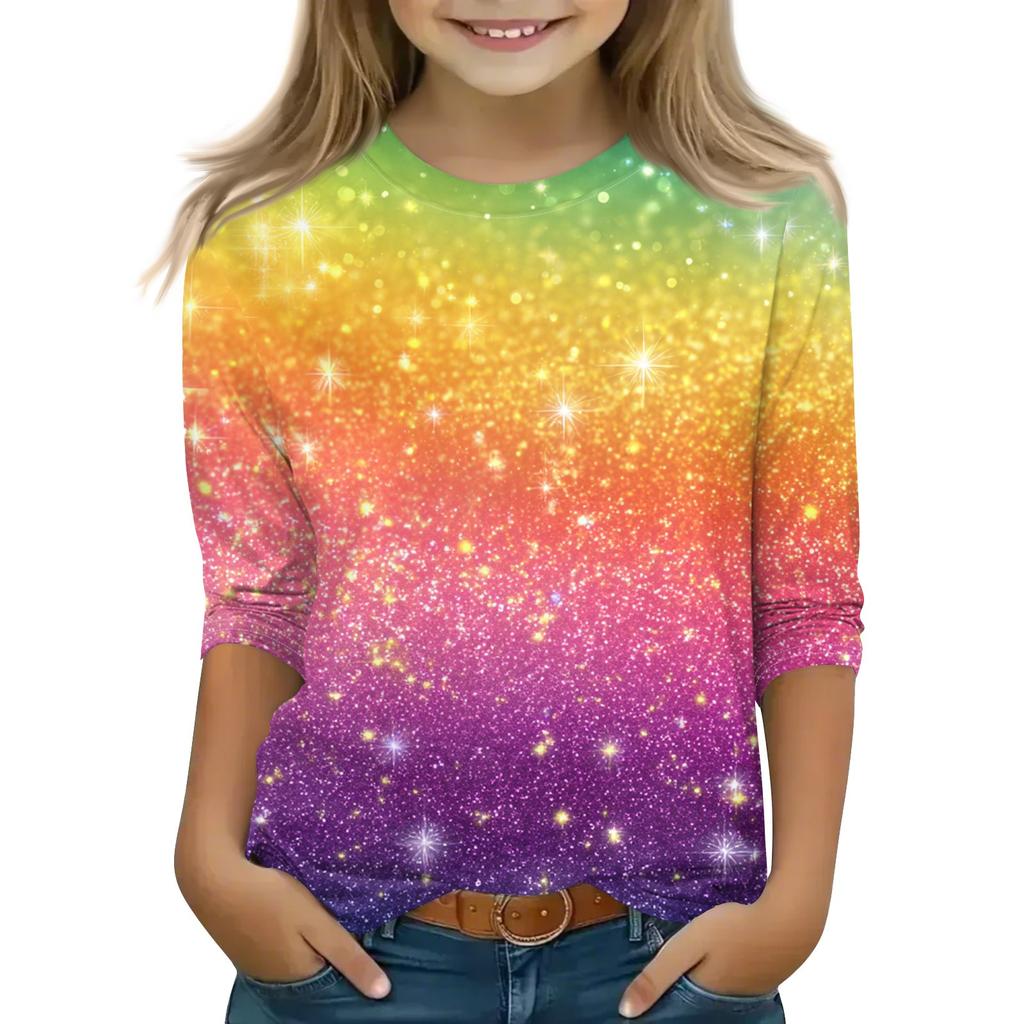 Топы с принтом для девочек 5-16 лет с круглым вырезом и рукавами 3/4 Футболки Модные топы Наряды Футболки