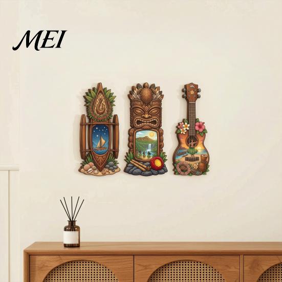 UV Printed Wall Decoration 3Pcs Hawaiian Tiki Wooden Hanging Sign, Tropical Surf Coastal Art, Exquisite Plaque for Home Bar Patio Decor & Holiday Gift
