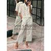 Spring New Lapel Short sleeve Lace Short Top 3254490 High Waist Straight Ankle-length Pants 3278490