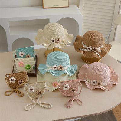 Набор 3D Соломенная шляпа для девочек с цветком и сумка через плечо Кружевной бант Широкие поля Шляпа рыбака Летние пляжные аксессуары для малышей и подростков