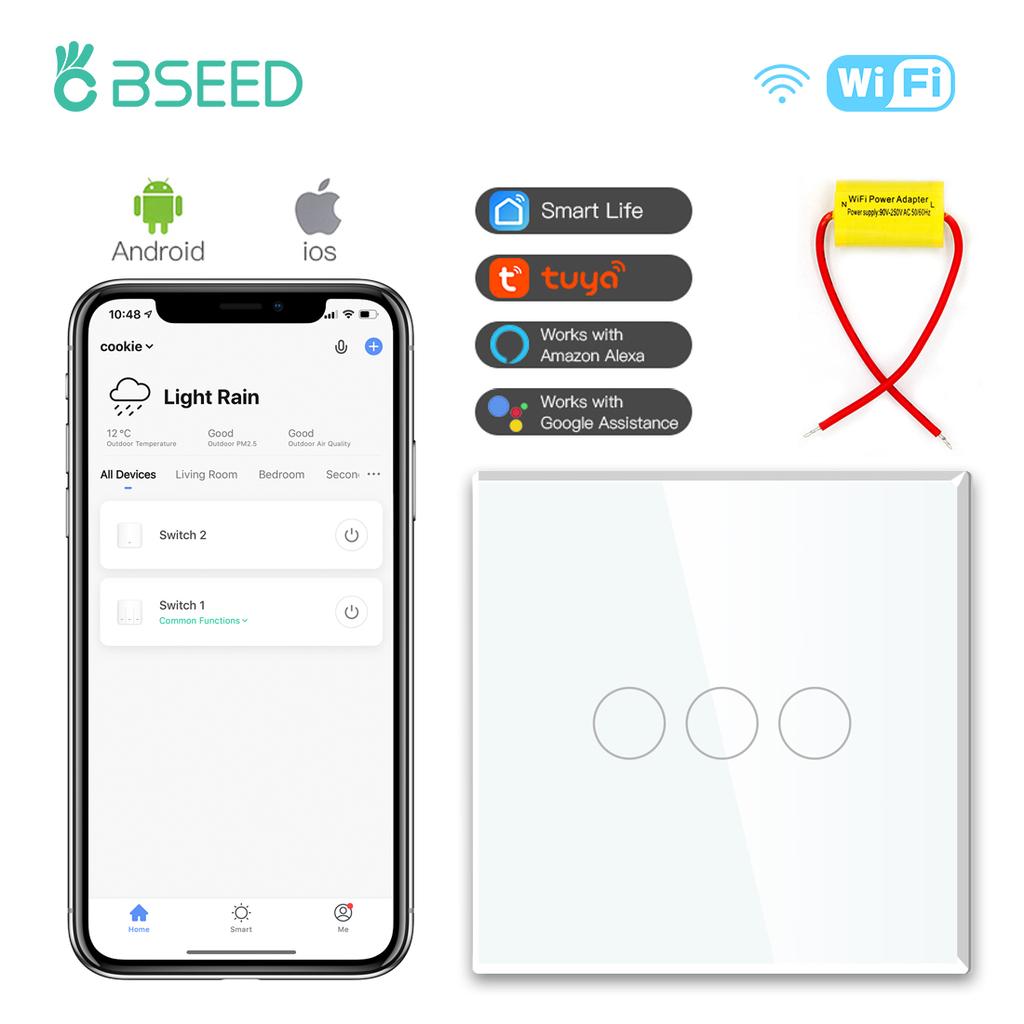 BSEED Single Live Wifi Touch Switch 1/2/3Gang Smart Glass Wall Switches Support Smart Life Google Alexa App Control No Neutral