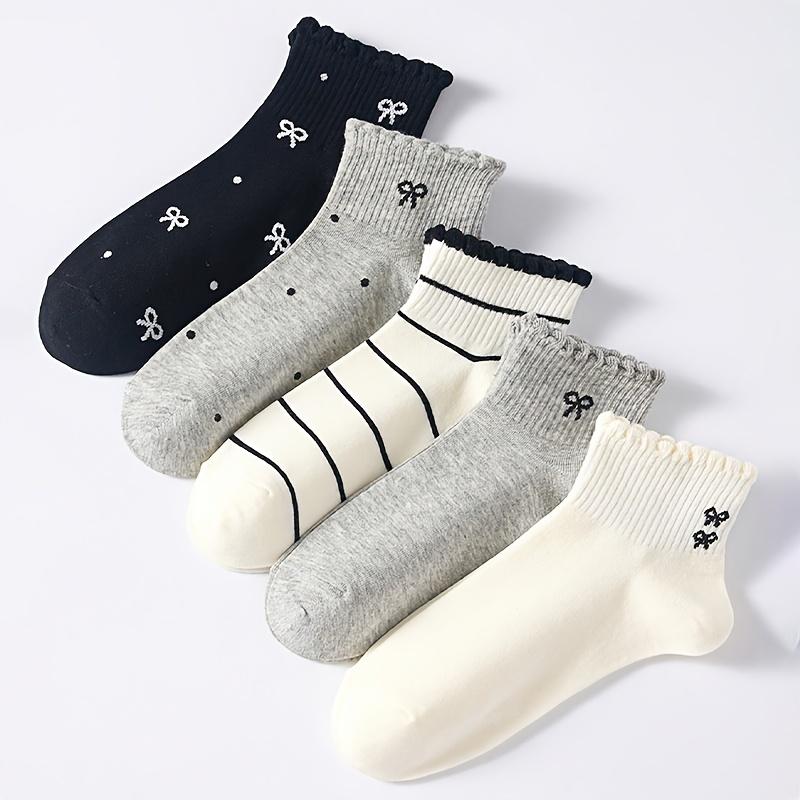 5 Pairs Women'S Cute Breathable Striped Bowknot Polka Dot Pattern Short Invisible Socks Ankle Mid-Calf White Black