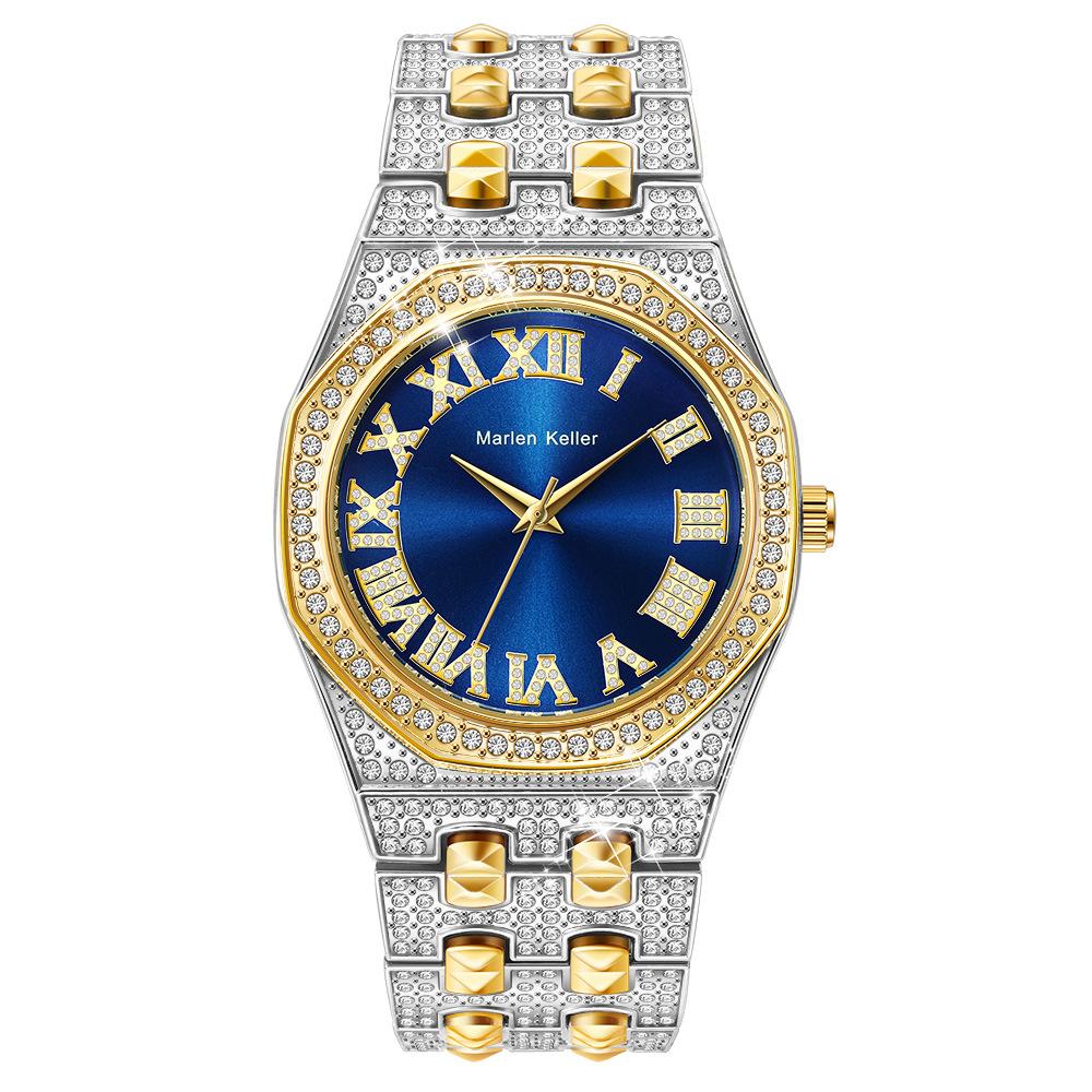 Men's Diamond Quartz Watch Waterproof Iced Out Wristwatch with Roman Numeral Dial, Gold/Silver Bling Hip Hop Watch for Men