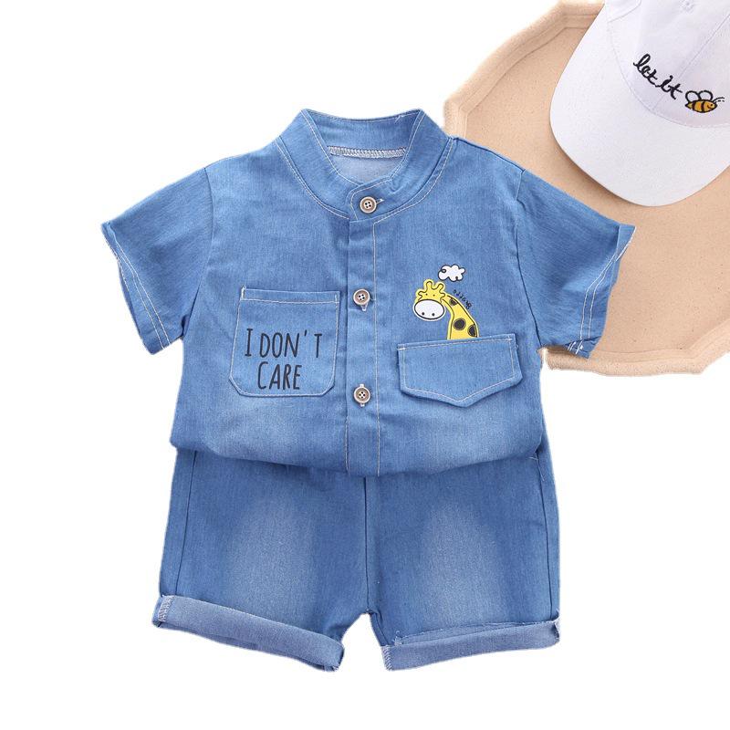 Stylish Toddler Summer Short-Sleeve Lapel Denim Two-Piece Set for Boys & Girls