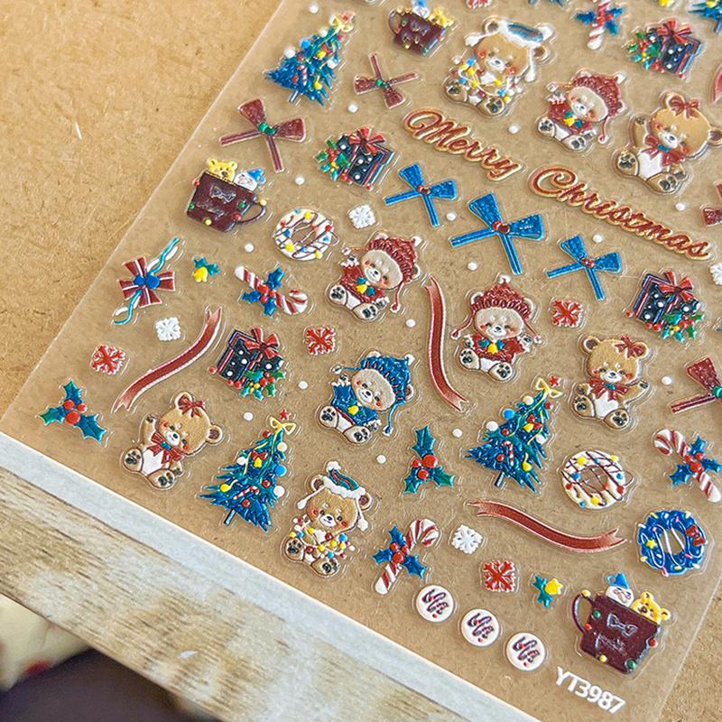 3D милый медведь рождественский нейл-арт наклейка тисненая рождественская елка подарочная коробка ПВХ клей наклейки для нейл-арта маникюрный салон своими руками