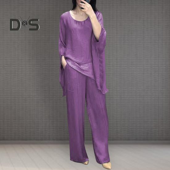 Женский повседневный костюм, топ, широкие брюки, свободный наряд для дома, вечеринки, офиса, с круглым вырезом, с рукавами «летучая мышь», комьютерный костюм