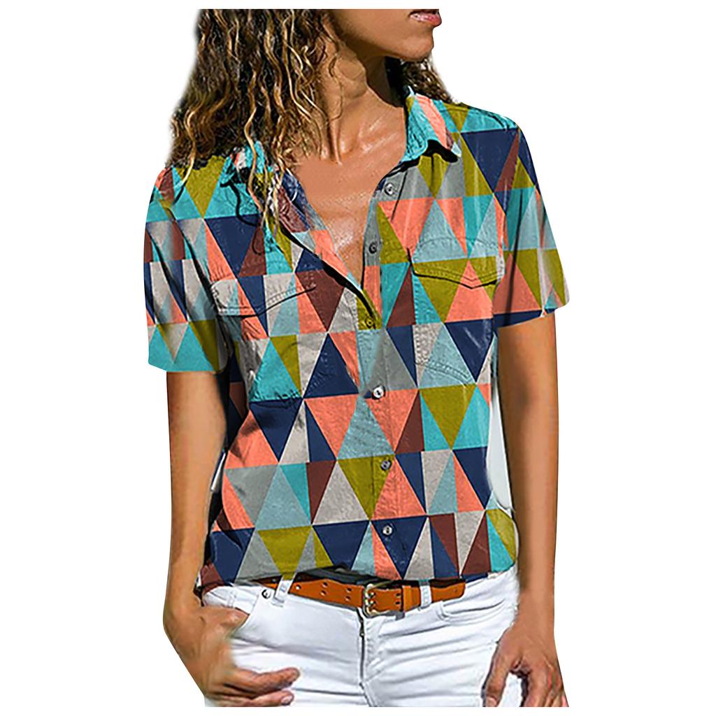 Womens Fashion Casual Short Sleeve Print Button V-Neck T-Shirts Tops Blouse