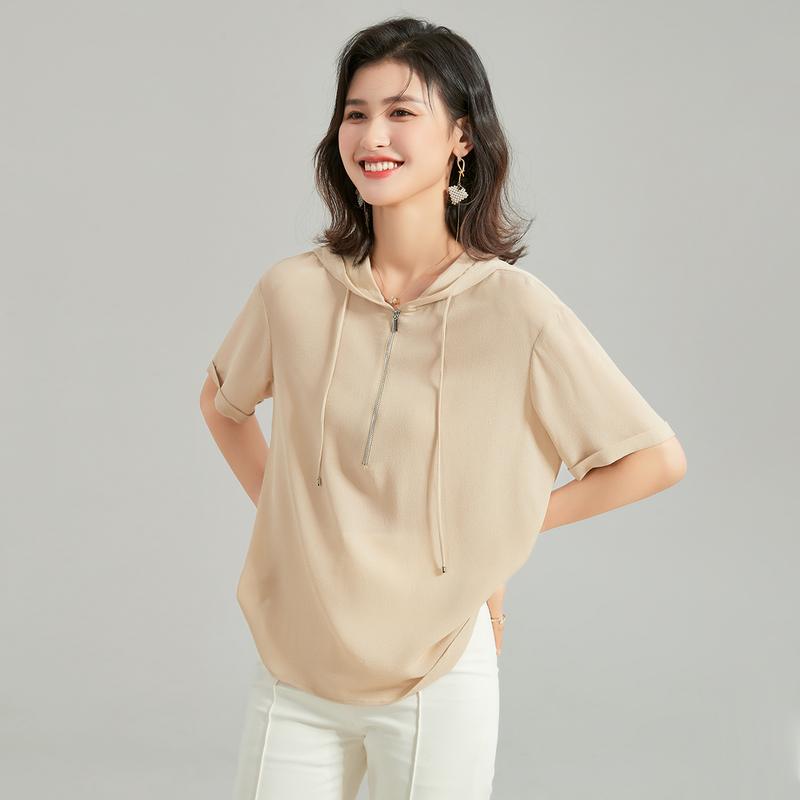 100% Silk Ghost Crepe Short Sleeve Summer Fashion Hooded Collar Half Open Solid Color Mulberry Silk T-shirt for Women