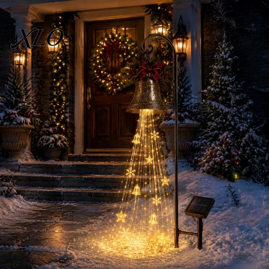Bronze Bell Lawn Ornaments Solar Christmas Waterfall Light, LED Metal Garden Stake with Red Ribbon, Decorations for Lawns Auto On/Off, Waterproof