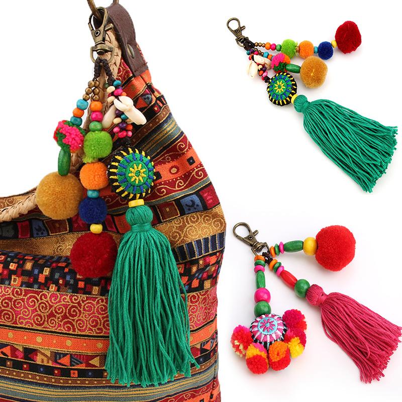 Flower Charms Keychains Pompom Tassels Colorful Pendant Keyring Women 1pc Multicolor Beads Accessories Jewelry Boho Style