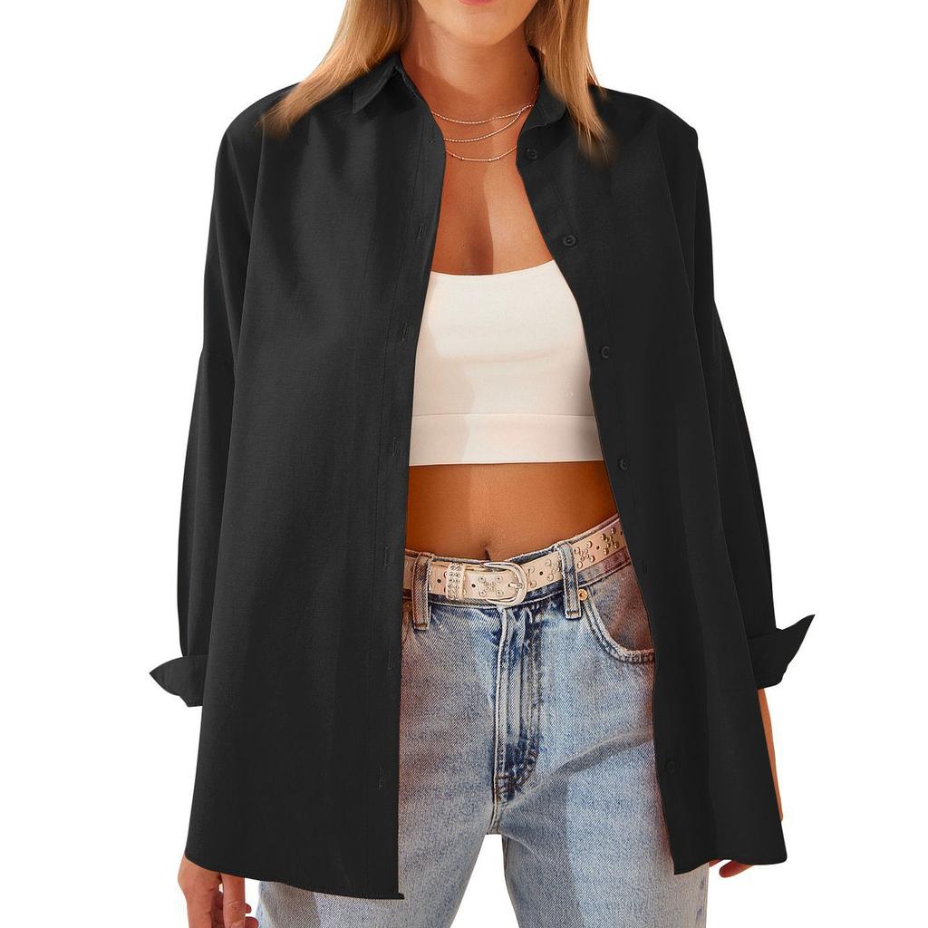 Women's Fashion Solid Color Loose Casual Single-Breasted Long Sleeve Shirt