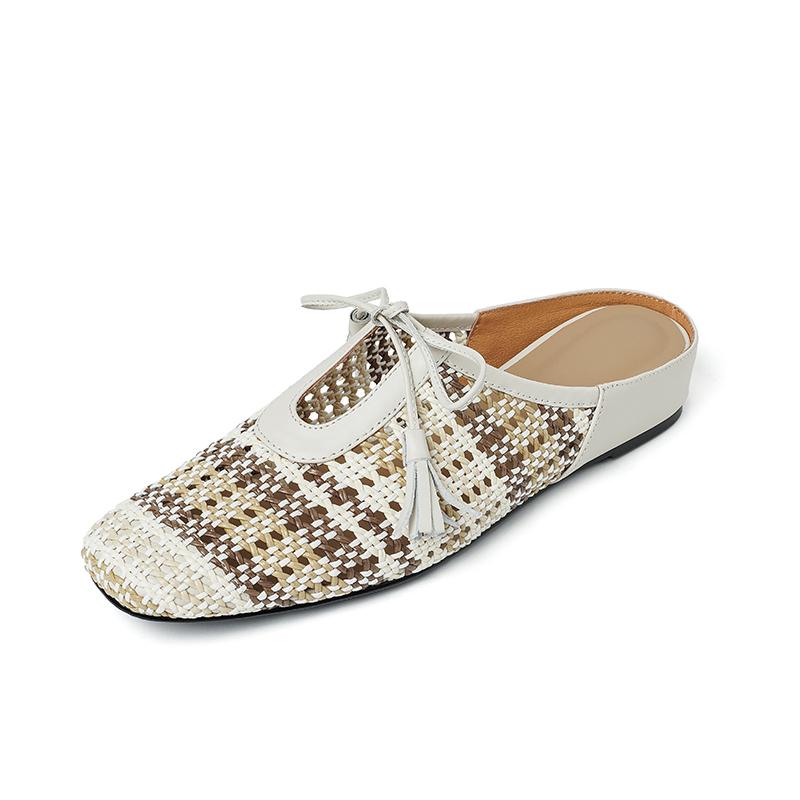 Мода 2025 Снаружи НОВЫЕ Летние Женские Мюли Женские Тапочки Лаконичные С закрытым носком С ремешком на пятке Круглый носок Низкий каблук Плетеные Современные Сандалии