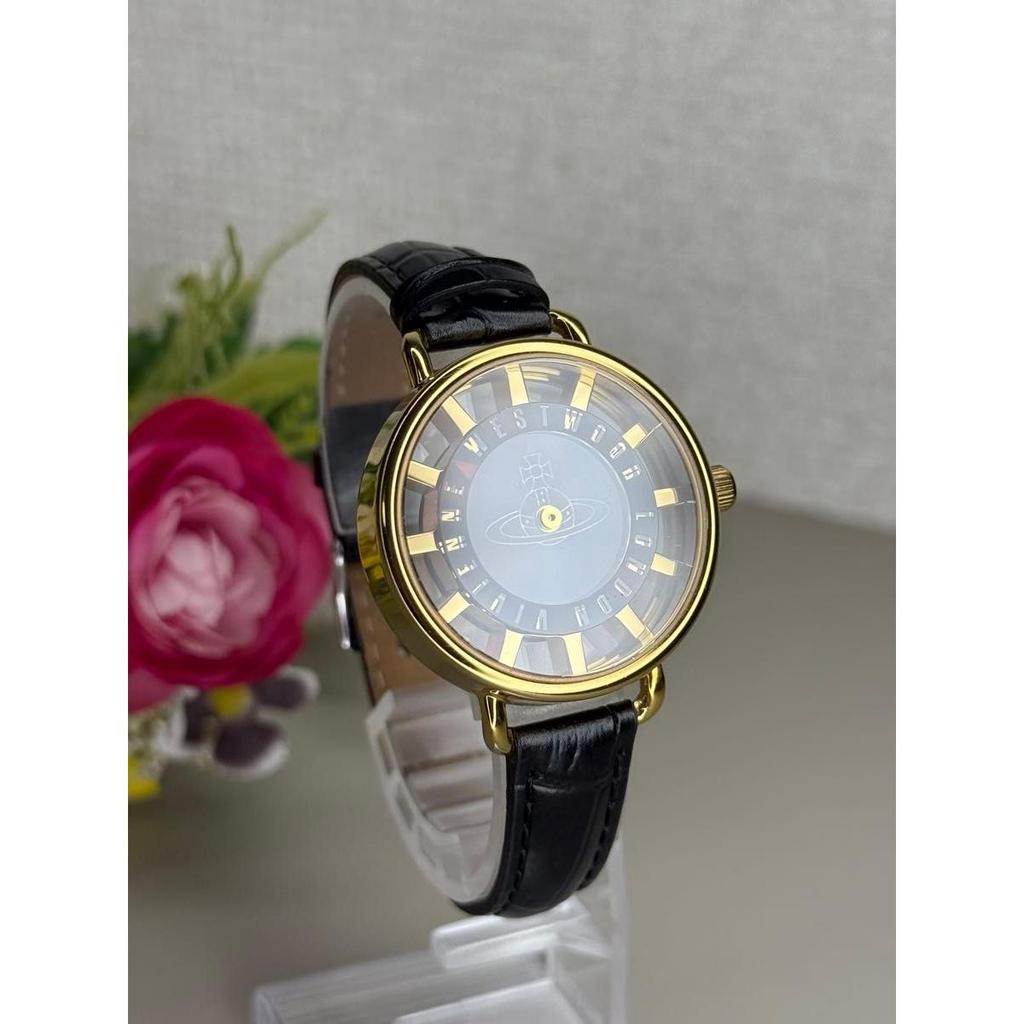 Used Rare Excellent Condition Vivienne Westwood Watch Quartz Orb Dial Leather Band Black Gold