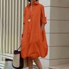 Women Vintage Shirt Collar Solid Color Long Sleeve Dresses