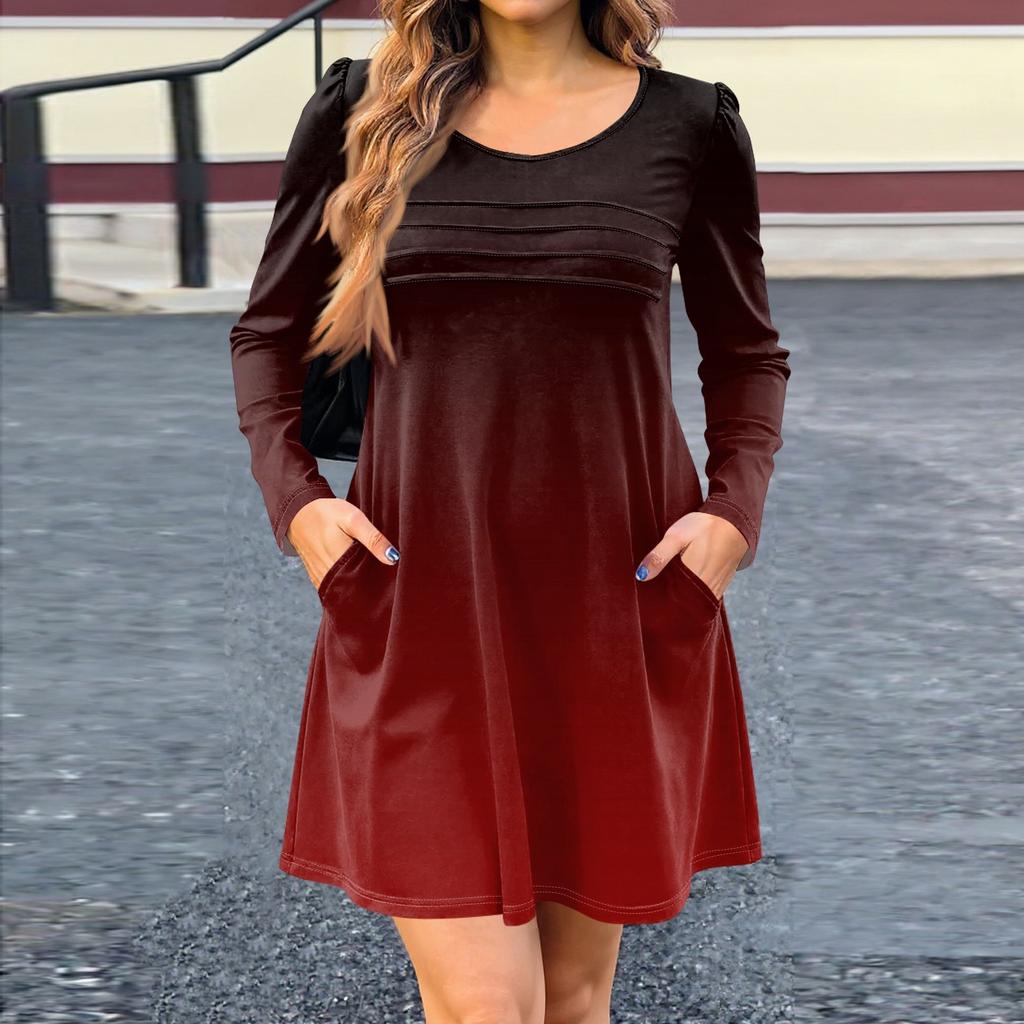 Женское платье с длинным рукавом, осеннее повседневное, футболка, свободного кроя, с плиссировкой спереди, платья с карманами