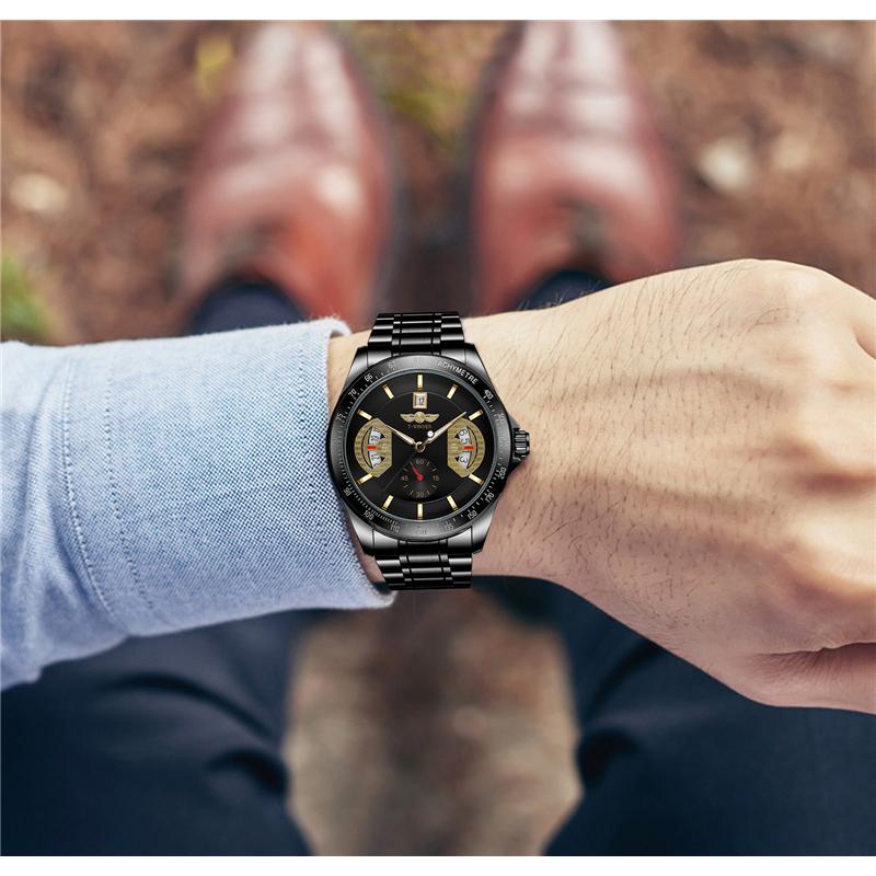 WINNER Спортивные золотые автоматические часы для мужчин, отображение даты, люминесцентные стрелки, ремешок из нержавеющей стали, роскошные механические часы высшего бренда