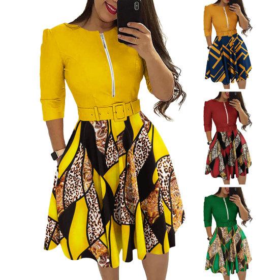 Ladies Dress Zipper Decor Belted Tight Waist Color Matching Print Round Neck Pockets Three Quarter Sleeve A-line Loose Hem Spring Fall Mini Dress