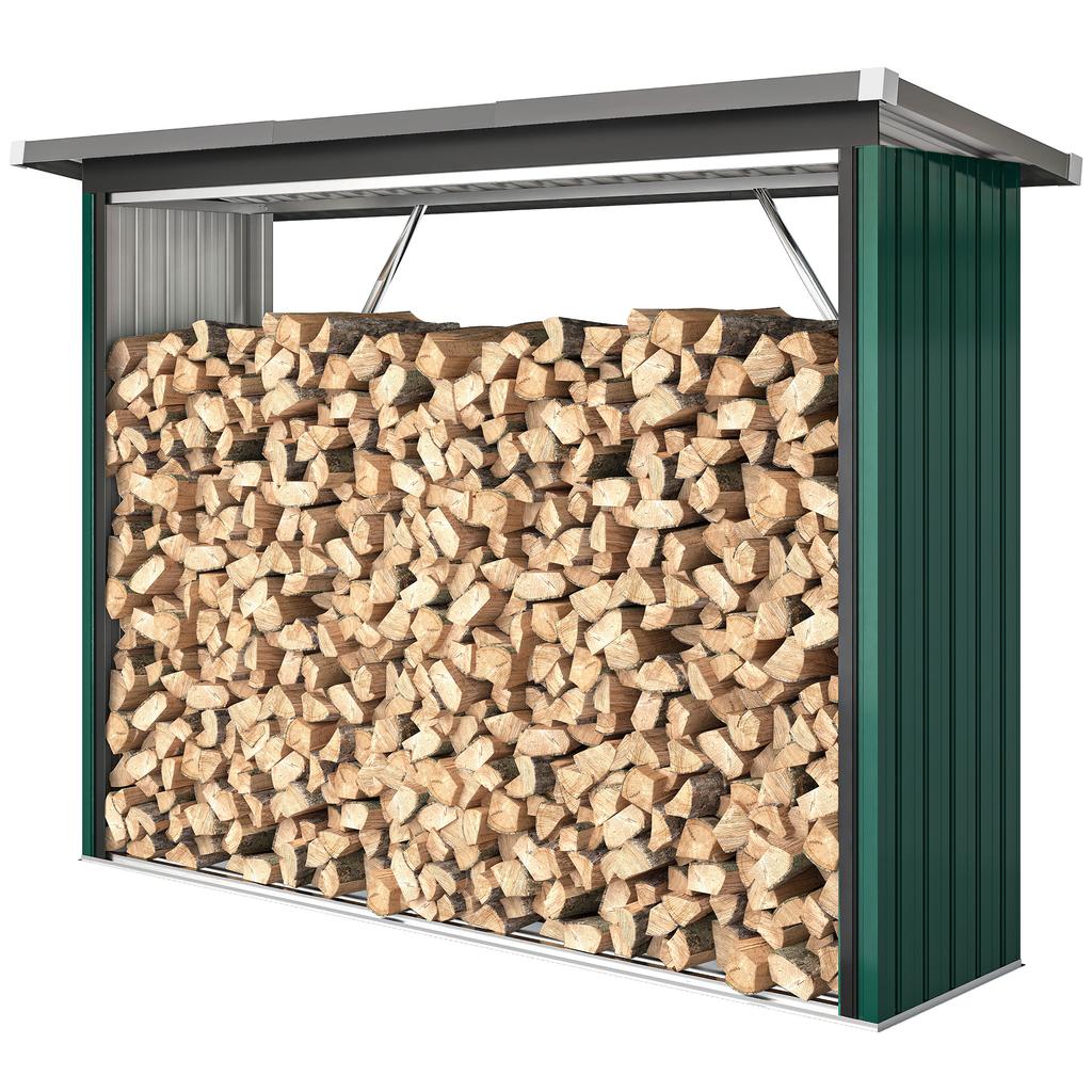 Firewood Shed, Firewood Shelter, Steel, Raised Floor, Sloped Roof, 213 x 66.5 x 150 cm, Green