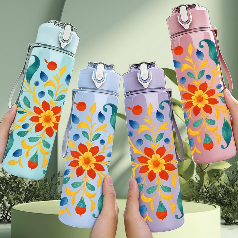 1PC Moroccan Tile Colorful Floral Print 750ml Color Plastic Sports Water Bottle Leakproof Flip Straw Lid Suitable for Sports Office Home Use