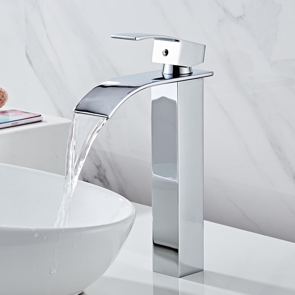 Bathroom Waterfall Basin Sink Faucet Gold Faucets Brass Bath Faucet Hot&Cold Water Mixer Vanity Tap Deck Mounted Washbasin Tap