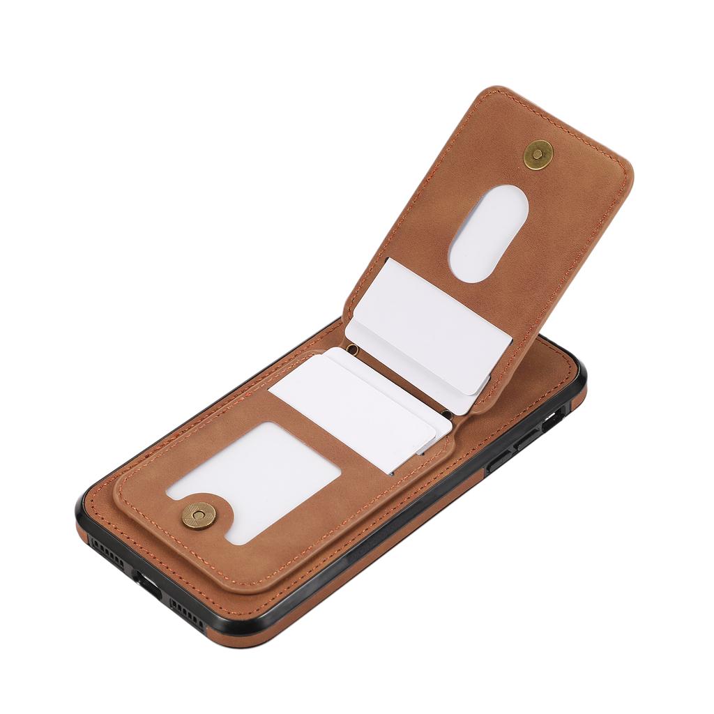 For iPhone 15 Case Card Holder Kickstand Leather + TPU Phone Cover with Shoulder Strap