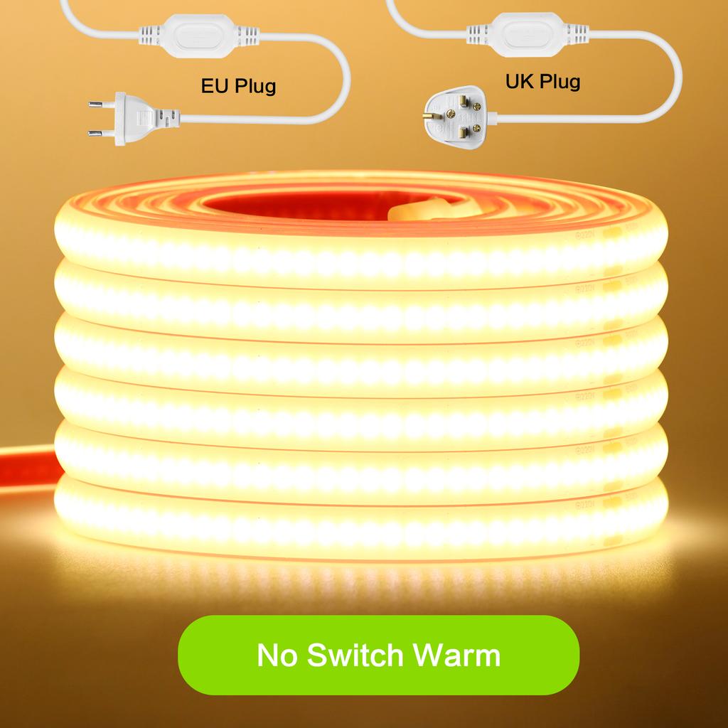 High Bright 220V 230V COB Strip Waterproof With/No Switch Plug 288LEDs/M White Natural Warm Flexible Ribbon LED Light Home Decor