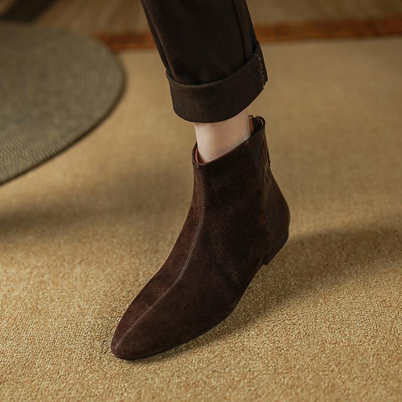 Мода 2025 НОВЫЕ Осенние Ботильоны Кожа Кид Замша Женская Обувь Острый Носок Молния Современные Ботинки Низкий Каблук Ботинки Челси