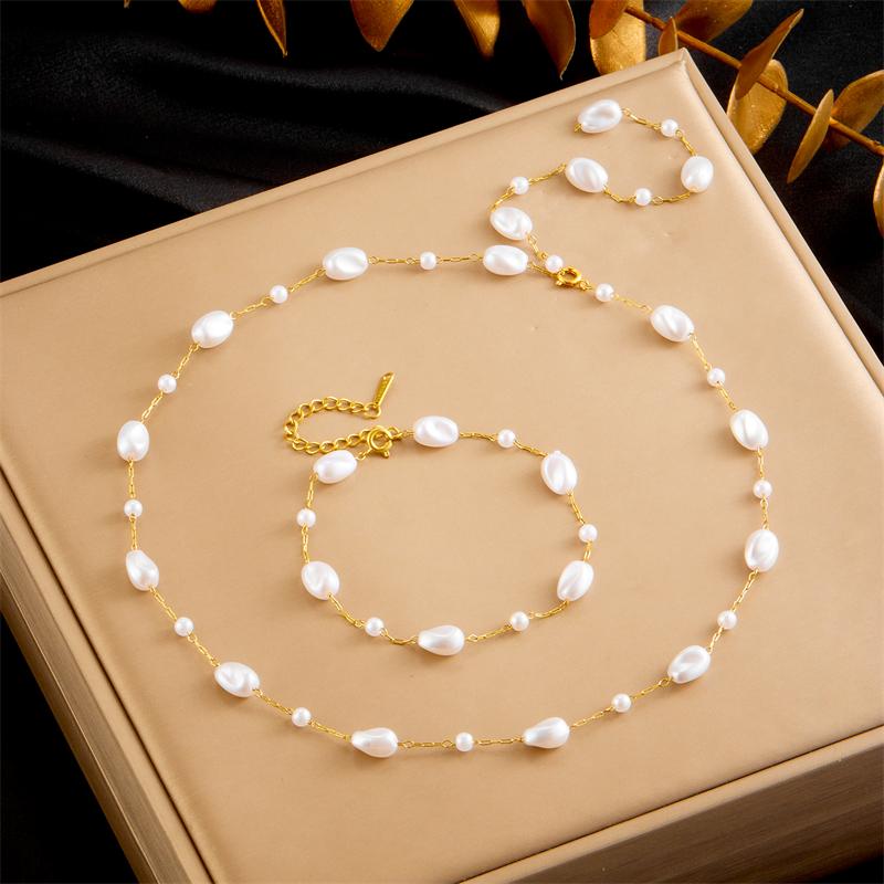 DIEYURO 316L Stainless Steel White Irregular Pearls Necklace Bracelet For Womens 2025 New Trend Golden Non-fading Jewelry Set