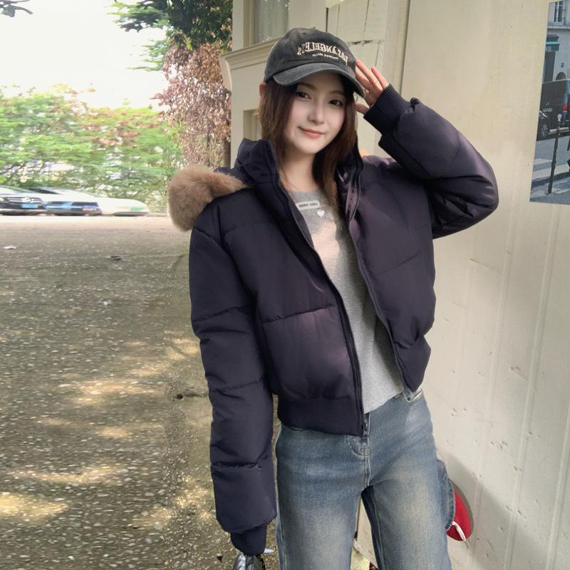 New Cotton Clothes Women's Winter Navy Blue Hooded Fur Collar Short Cotton Clothes Bread Clothes Jacket Thick