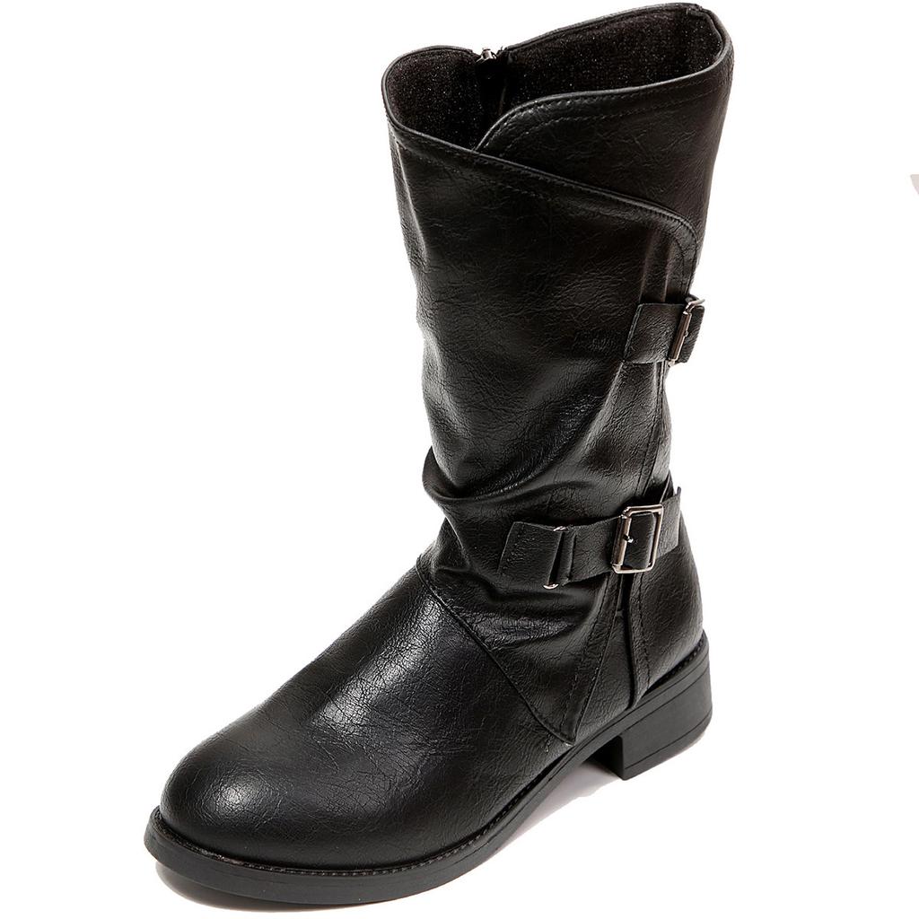 Large size global round head flat bottom thick heel British style knight boots women's fashion short plush side zipper fashion boots