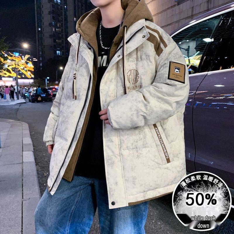 Мужская стильная белая пуховая куртка с капюшоном Зима 2024 - Толстая, теплая и модная, двухслойный дизайн