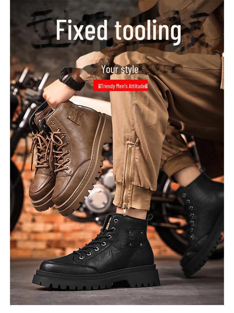 Мужские черные кожаные мотоциклетные ботинки с высоким берцем — британский стиль, водонепроницаемые, на осень.