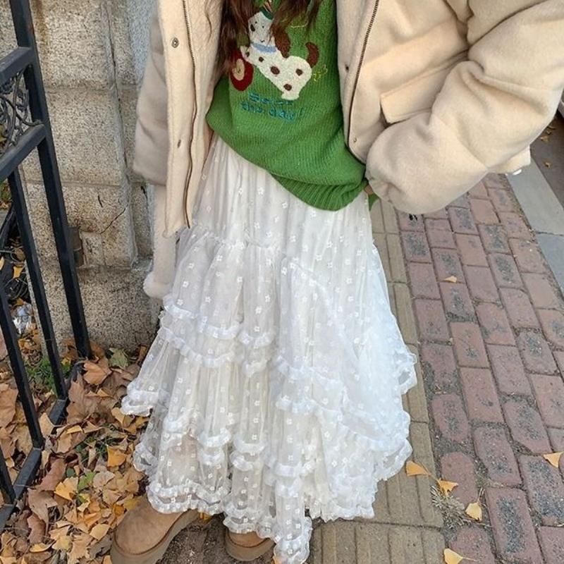 Женская осенне-зимняя многоярусная пушистая миди-юбка с кружевной отделкой - Свободная А-силуэта, милая длинная юбка с дизайном в виде слоев торта
