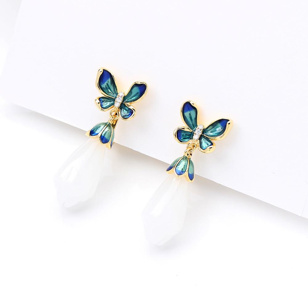 Court retro style dripping oil blue butterfly earrings magnolia flower earrings gold and silver two-color earless earrings clip earrings women