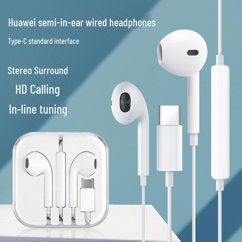 Type-C In-Ear Flat Head Earphones for Gaming, Heavy Bass, Stereo Sound, Wire Control, Compatible with Huawei.
