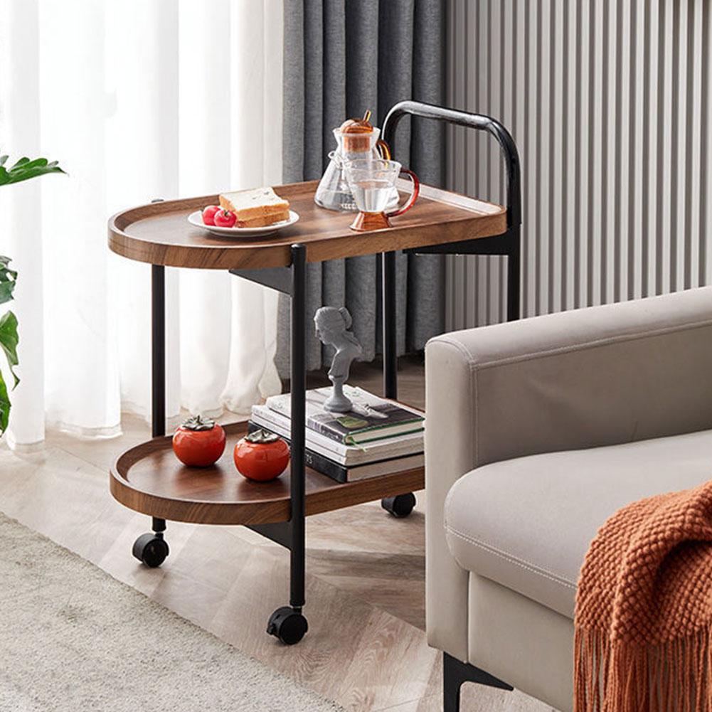 Walnut Wood Nordic Corner Table with Wheels Elegant Coffee Table Large Capacity Cart Side Rack for Reading Book Tea Vase