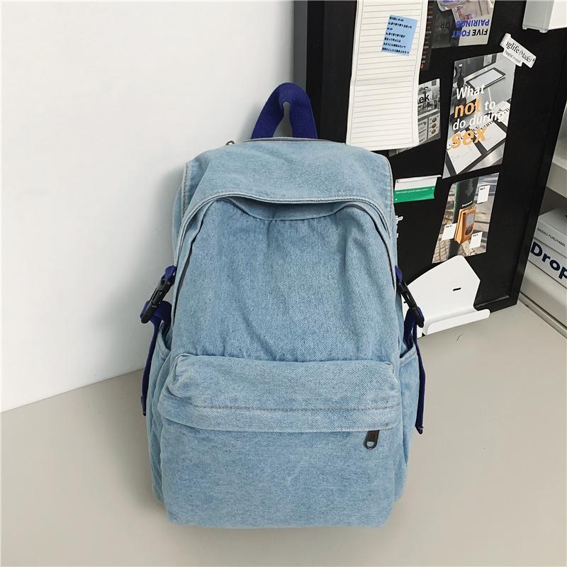 Solid Color Women Denim Backpack College Style Student Backpack Men Travel Bag