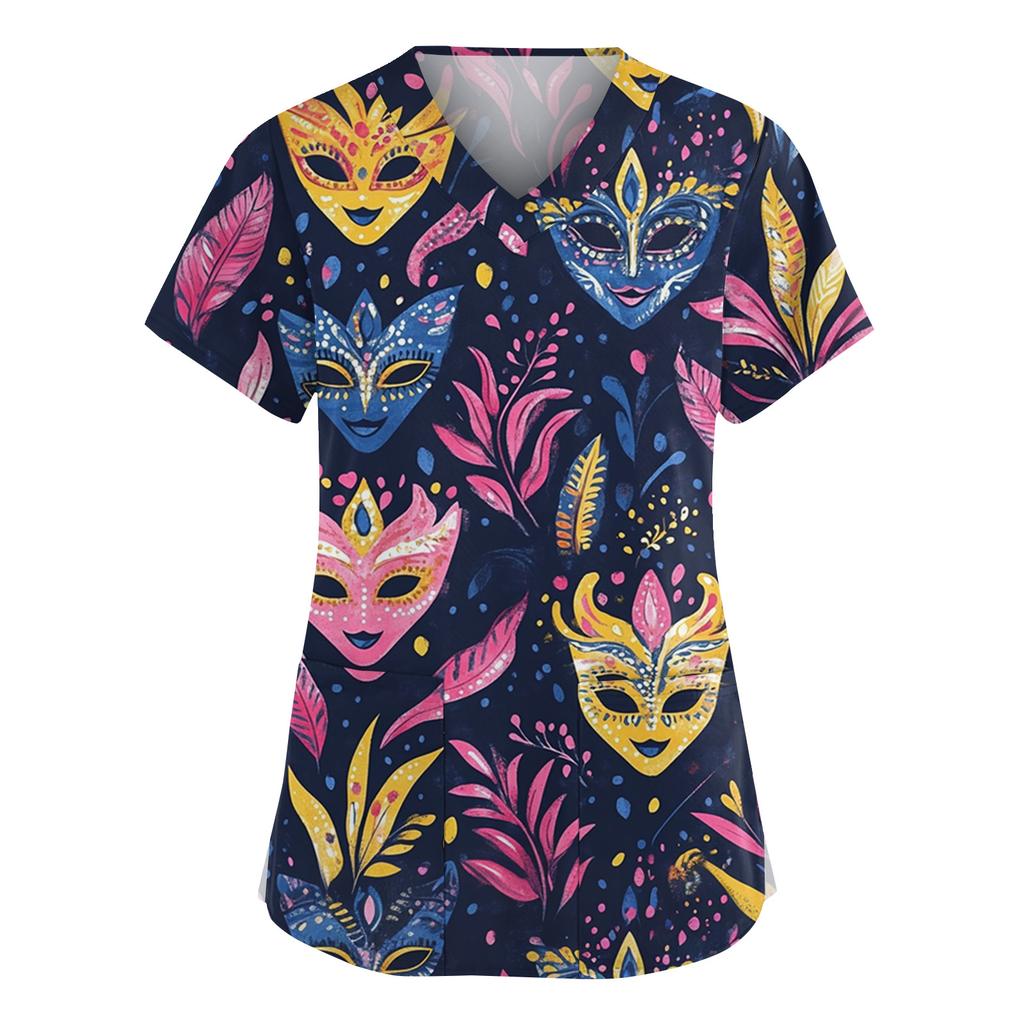 Женская мода V-образный вырез короткий рукав комбинезон с карманами принт топы одежда