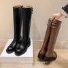 Версия из коровьей кожи Yinyin такая же пряжка ремня боковая молния, но ботфорты до колена толстый каблук высокий голенище тонкие сапоги женские сапоги для верховой езды