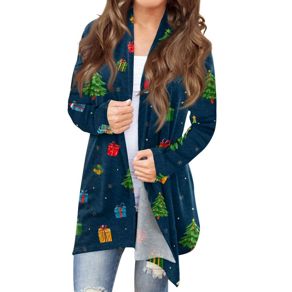 Women's Fashionable Loose-Fit Casual Cardigan With Christmas Print Mid-Length Coat