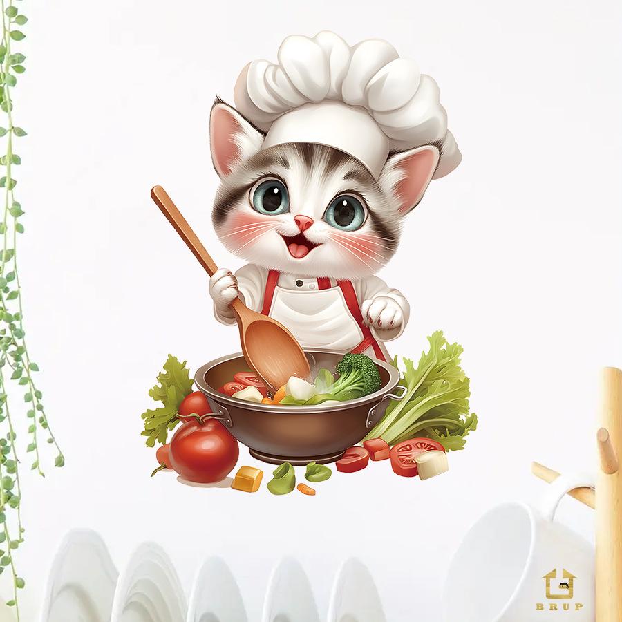 Милые Серебристые Градиентные Коты-Повара Настенные Наклейки для Кухни, Самоклеящийся Декор для Холодильника, Шкафа, Плиты