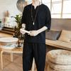 Men's Chinese Linen Pajama Set: Short Sleeve Hanfu Top with Frog Buttons and Cotton Linen Capri Pants In Trendy Loose Fit