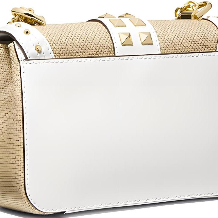 Michael Kors MK Soho Винтажная Сумка-кроссбоди на клапане с заклепками, Color Block, на цепочке, для ежедневного ношения, холст, кожа, Женские сумки, Коричневый, Белый, 30T1G1SL5K-OPTPL GOLD