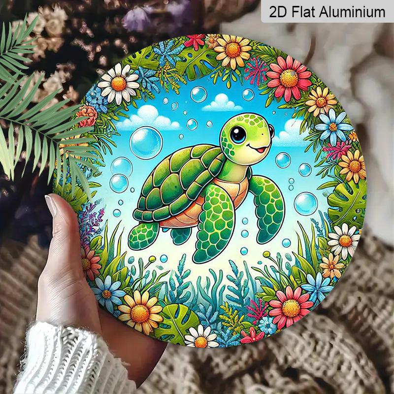 2D Flat - A 1pc 7.87*7.87In/20X20Cm 2D Flat Round Sign Featuring a Cute Cartoon Turtle And Floral Retro Decor, Representing Marine Life And